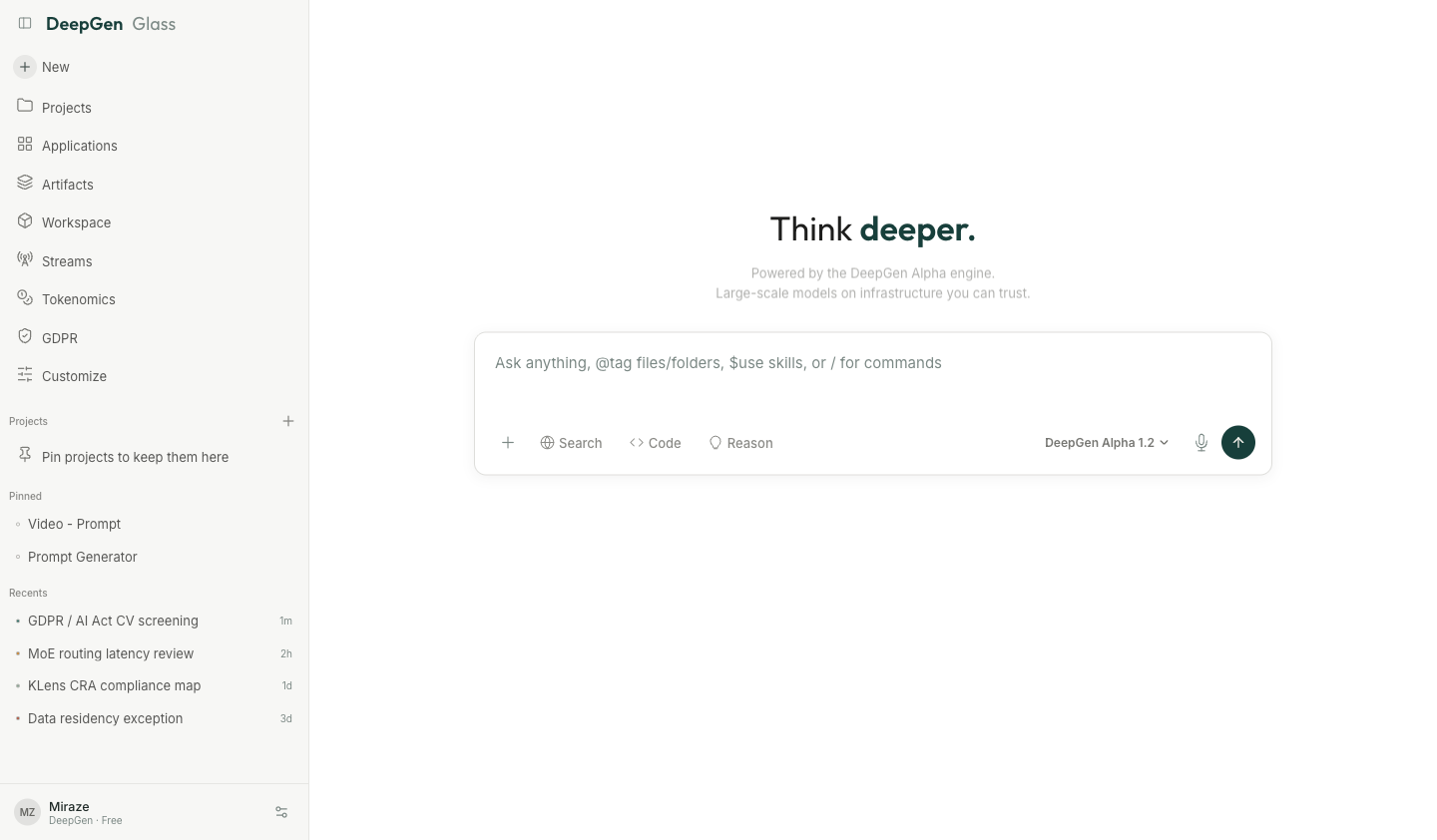 The DeepGen Glass workspace: a sidebar of projects and recent chats beside a prompt box headed “Think deeper.”